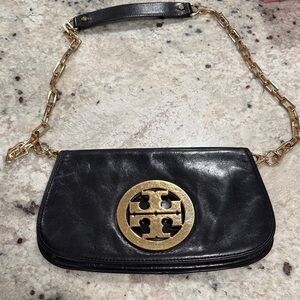 Tory Burch Reva Black Clutch with Gold Logo Accent